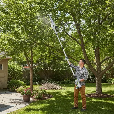 A homeowner using a lightweight battery-powered pole saw to trim high branches in a suburban backyard during daylight. The scene is bright and shows the tool in action, with trimmed branches on the ground. Editorial style.