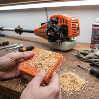 A person cleaning a dirty air filter from a gas pole saw, highlighting the importance of clear airflow.