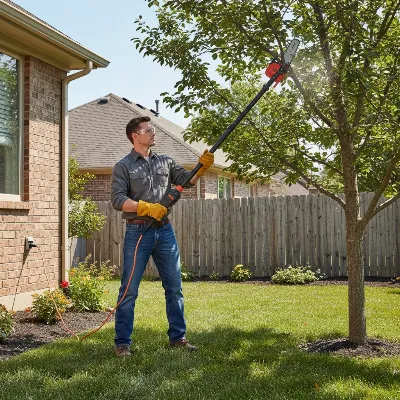 A person safely trimming high branches in a small yard with a corded electric pole saw, emphasizing safety and ease of use for residential tree care.