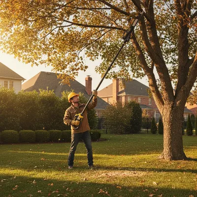 A person safely pruning high tree branches with a battery-powered pole saw in a residential backyard.