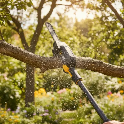 A powerful cordless pole saw attachment cutting a thick tree branch safely from the ground, demonstrating reach and cutting power. The background shows a lush green canopy and clear sky. Focus on the cutting action and the robust design.