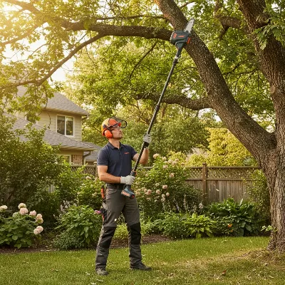 Cordless pole saw with auto tensioning system trimming a high branch for yard maintenance