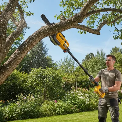 DeWalt 20V Max XR pole saw effortlessly cutting a tree branch with its 8-inch bar
