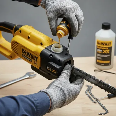 DeWalt pole saw being cleaned and maintained, showing an automatic oiling system and chain tensioning