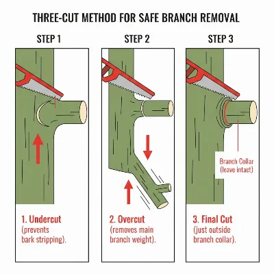 An illustrative diagram demonstrating the three-cut method for large tree branches