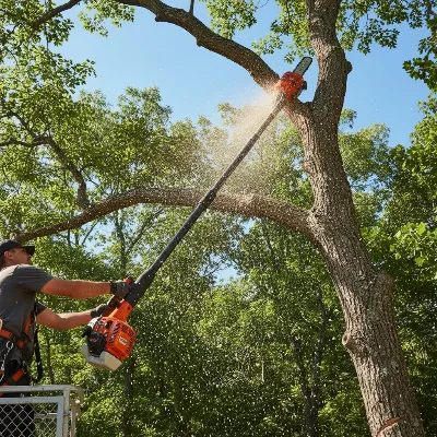 Echo PPT-2620 gas telescoping pole saw cutting a thick branch high in a tree
