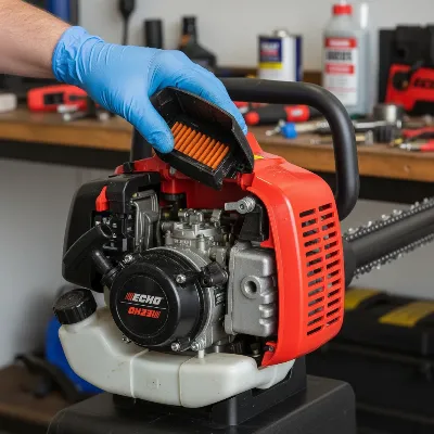 Close-up of Echo PPT-2620 gas telescoping pole saw engine being maintained