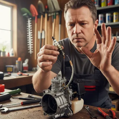 Inspecting a flooded gas pole saw engine with a strong fuel smell and wet spark plug.