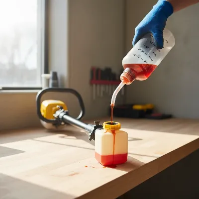 Fresh fuel mixture being poured into a gas pole saw, emphasizing the importance of correct fuel for starting