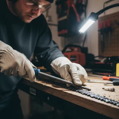 A person carefully inspecting and sharpening a gas pole saw chain with a file, wearing gloves and safety glasses.