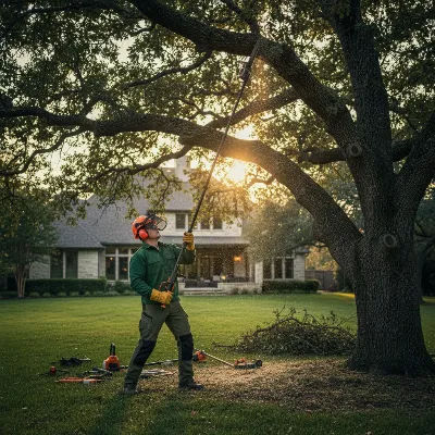 A professional landscaper operating a powerful gas pole saw to trim a thick tree branch safely from the ground. The sun is setting, casting long shadows across a large, well-maintained property. Realistic style.