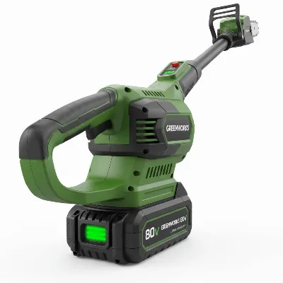 Close-up of Greenworks Pro 80V Pole Saw brushless motor and battery