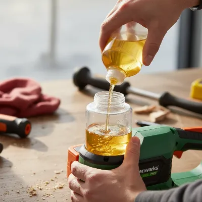 User refilling the automatic oiler of a Greenworks Pro 80V Pole Saw