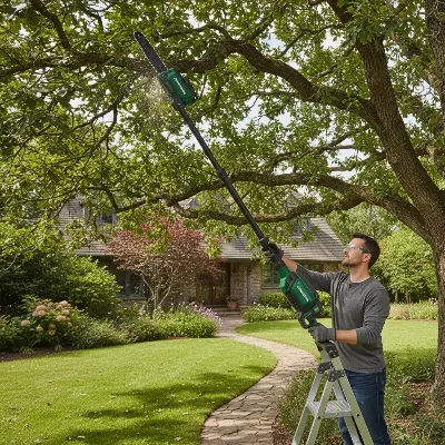 Greenworks Pro 80V Cordless Pole Saw trimming high branches