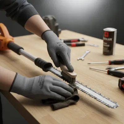 A person cleaning and maintaining a battery pole saw after use, focusing on the bar and chain.