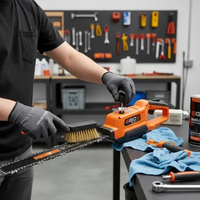 A person cleaning and maintaining an EGO Power Plus Cordless Pole Saw after use, with focus on chain and bar