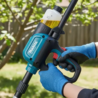 Close-up of a Makita pole saw's safety features like auto-oiler and comfortable grip during operation