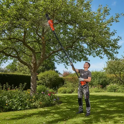 Makita 18V LXT Brushless Pole Saw effortlessly trimming high tree branches in a sunny garden