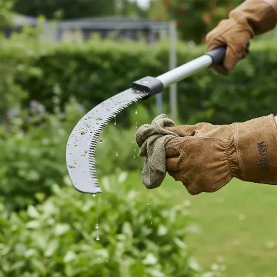 Person cleaning a manual pole saw blade after use