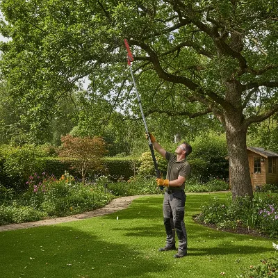 Person pruning high tree branches with a manual pole saw