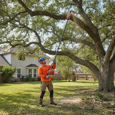 An operator safely using a gas pole saw to prune high branches on a tall tree.