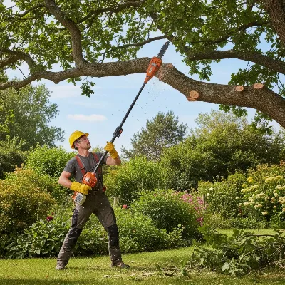 A person safely cutting a thick tree branch with a gas-powered pole saw, wearing safety gear