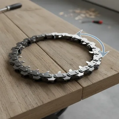 Pole saw chain laid out, showing the correct direction of cutting teeth towards the guide bar tip