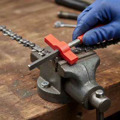 Close-up of a hand using a round file with a guide to sharpen a pole saw chain tooth