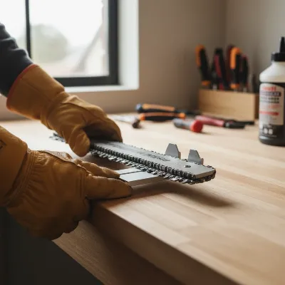 A person wearing gloves checking the tension of a pole saw chain on a guide bar.