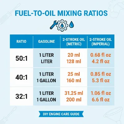 A detailed chart illustrating different 2-stroke fuel mixing ratios for pole saws, showing gas to oil proportions in liters and gallons, with clear numerical values for various common ratios.