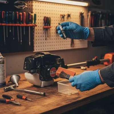 Regular preventative maintenance for a gas pole saw, including cleaning the spark plug and air filter.