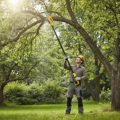 A person safely pruning a high tree branch with an extendable pole saw