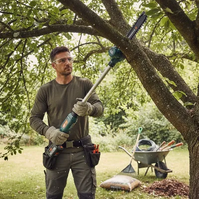 Professional landscaper using a battery-powered pole saw with auto tension for tree trimming