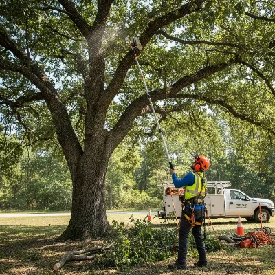 Professional arborist using safe techniques with a pole pruner in a tree canopy