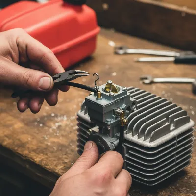 Reinstalling a cleaned pole saw carburetor with careful attention to connections.
