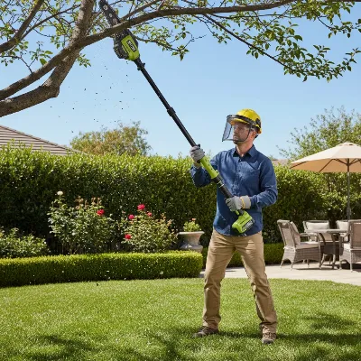 User demonstrating safe operation of Ryobi 40V Cordless Pole Saw with proper safety gear in a residential garden.