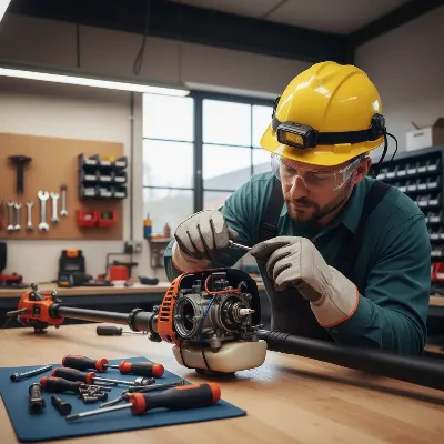 Person wearing safety gear, preparing a gas pole saw for maintenance.