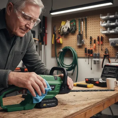 Senior cleaning and inspecting a lightweight pole saw