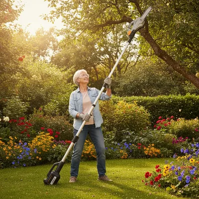 A senior safely trimming high branches with a lightweight, battery-powered pole saw in a sunny garden, seen from a low angle with soft, natural lighting, in a realistic and helpful style.