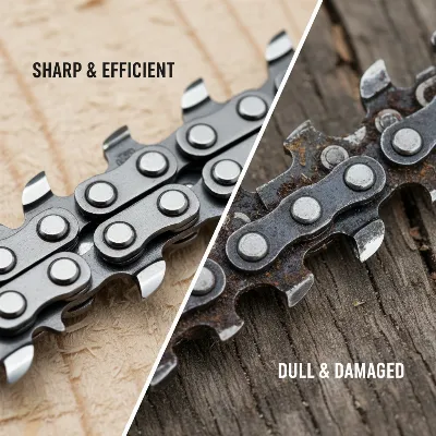 Close-up comparison of a sharp and a dull pole saw chain, highlighting the teeth for effective cutting and worn areas.