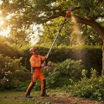 Professional operating a Stihl HT 131 gas pole pruner cutting high branches
