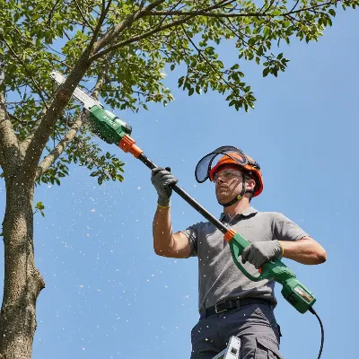 Stihl HTA 135 battery pole saw used by a professional landscaper trimming high branches