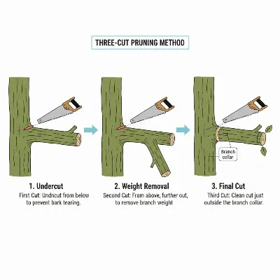 Illustration of the three-cut method for pruning a large branch with a pole saw, showing the undercut, top cut, and final cut positions on a tree branch.