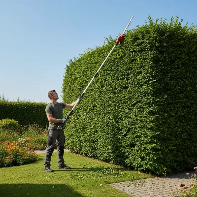 A person safely operating a versatile pole saw with a hedge trimmer attachment to trim a tall hedge, showcasing the tool's extended reach and dual functionality in a well-maintained garden setting under bright daylight, realistic style.